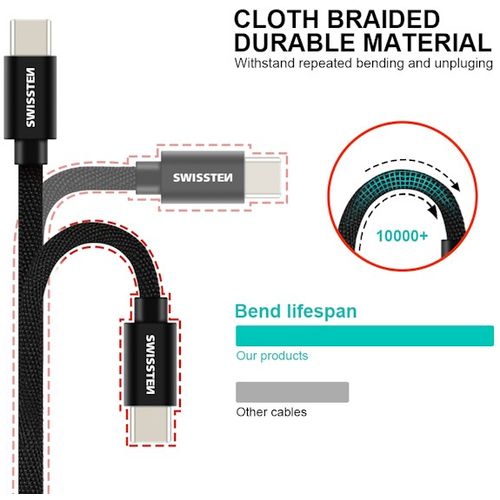 SWISSTEN kabel USB-C/USB-C , platneni, 2 m,srebrni slika 7