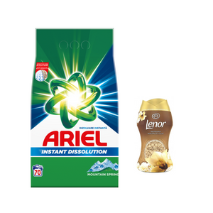 Promo pack Ariel deterdžent za veš 70 pranja Mountain spring + Lenor parfemske perle Spring 140g