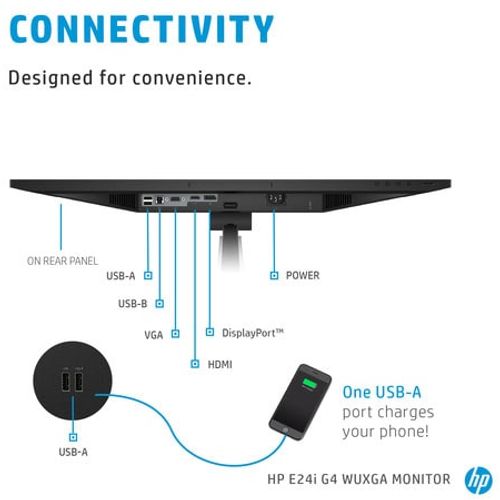 HP 9VJ40AA 24'' IPS AG WUXGA 1920x1200@60Hz, 16:10, 1000:1, 5ms, 250 cd/m², 178°/178°, 1 VGA; 1 USB Type-B; 1 HDMI 1.4; 1 DisplayPort 1.2; 4 USB 3.1, Tilt, Pivot, Swivel, Height, VESA, Silver/Black, 3yw, HP E24i G4 slika 5