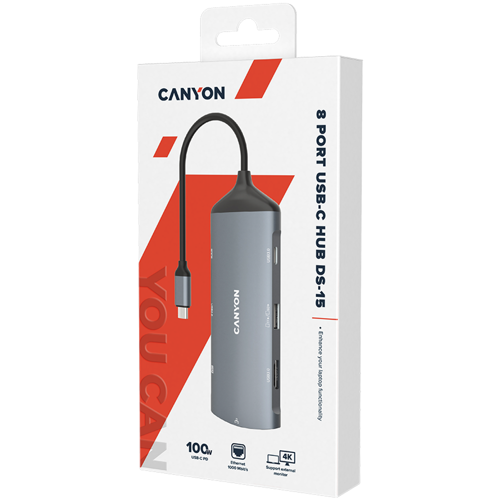 CANYON DS-15 8 u 1 USB-C Hub - HDMI, Gigabit Ethernet, USB 3.1, SD čitač slika 2