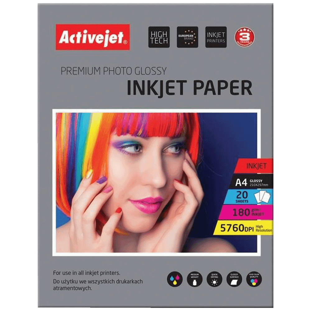Activejet Foto papir, A4, 180g, Glossy White, 20 kom. - AP4-180G20 slika 1