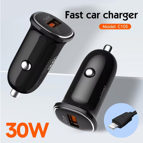 Auto punjac LDNIO C105, QC3.0, 30W USB Lightning crni slika 1