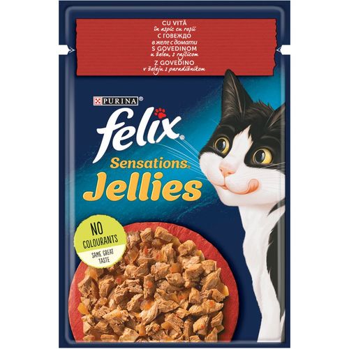 FELIX Sensations Jellies, potpuna hrana za odrasle mačke, mokra hrana sa govedinom i paradajzom u želeu, 85g slika 1