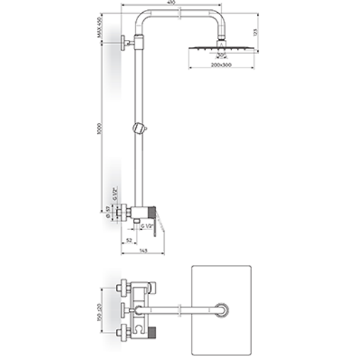 Rosan  S.2 Baterija za tuš kadu sa usponskim tušem 200x300mm slika 2