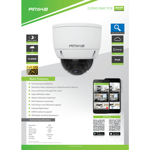 Amiko Home Kamera IP, 5 MP 1/2.8" SONY Starvis, PoE, H.265 - D30M510B MF PoE slika 2