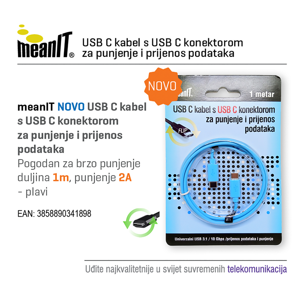 MeanIT USB kabl za smartphone, USB C / USB C, 1 met - KMUSBC2 slika 2