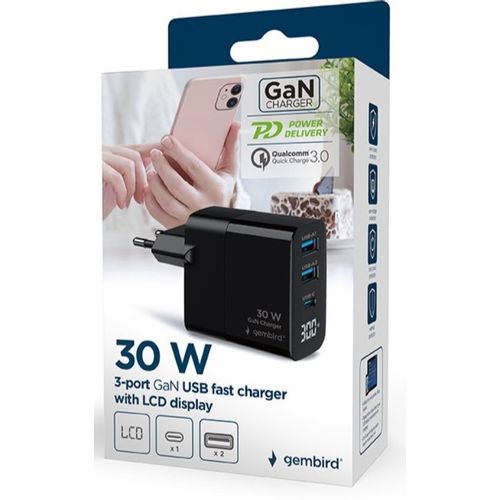 TA-UC-PDQC30LCD-BK-02 Gembird GaN USB brzi punjac, 30W 3-port (2xUSB-A+ USB-C), LCD, black slika 1