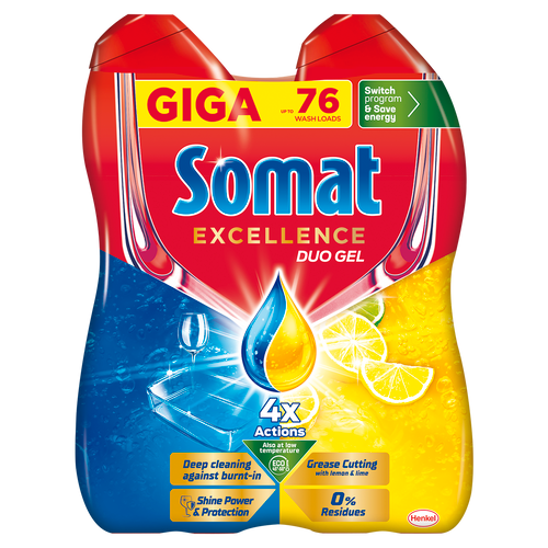 Somat Excellence Duo Gel Lemon  zamašinsko pranje sudova  2x684ml,76 pranja slika 1