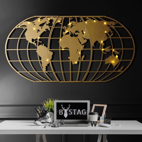 Wallity Metalna zidna dekoracija, World Map Globe Led - Gold slika 1
