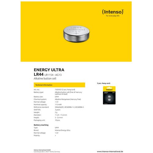 (Intenso) Baterija alkalna LR44/2, 1,5 V dugmasta, blister 2 kom - LR44/2 slika 3