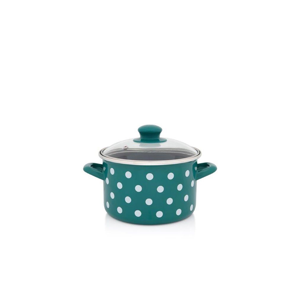 Metalac šerpa duboka sa staklenim poklopcem GREEN DOTS 18 cm / 3.0 l zelena sa bijelim tufnama slika 1