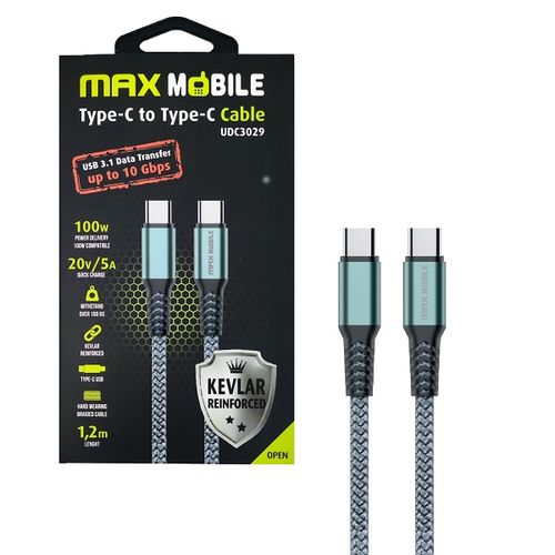 MaxMobile data kabel TYPE C-TYPE C UDC3029 KEVLAR GRAY 3.1Gen.100W 5A 1.2m slika 1