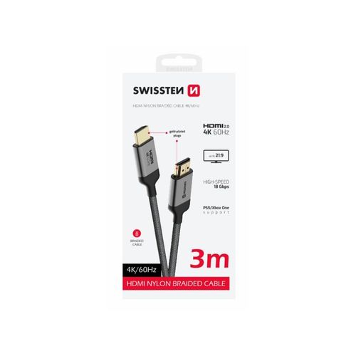 SWISSTEN kabel HDMI 2.0, 60Hz, 18GB/s, 4K, do 21:9, 3m, pozlaćeni konek, crni slika 1