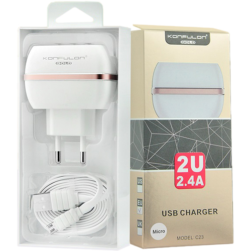 Kucni punjac KONFULON C23+S31A 2xUSB 5V 2.4A sa micro USB kablom beli slika 1