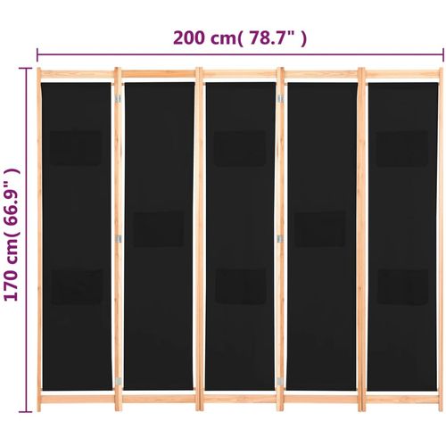 Sobna pregrada s 5 panela od tkanine 200 x 170 x 4 cm crna slika 44