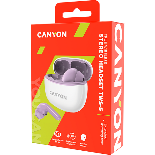 Canyon TWS-5 Bluetooth headset, with microphone, BT V5.3 JL 6983D4, Frequence Response:20Hz-20kHz, battery EarBud 40mAh*2+Charging Case 500mAh, type-C cable length 0.24m, size: 58.5*52.91*25.5mm, 0.036kg, Purple slika 5