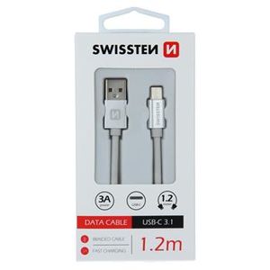 Data kabl tekstil USB na TIP C 1.2m srebrni, SWISSTEN