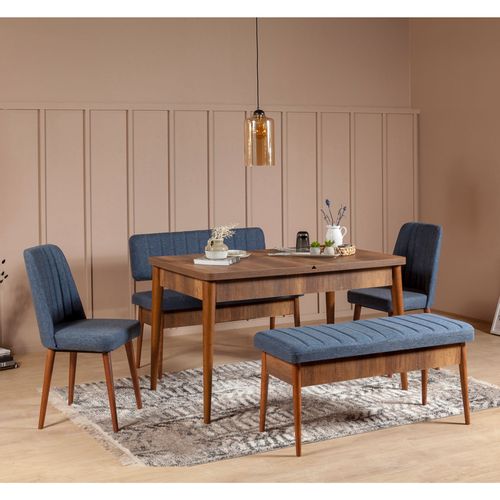 Hanah Home Vina Walnut Dark Blue Walnut - Tamno plavi produživi trpezarijski sto i set stolica (5 delova) slika 1