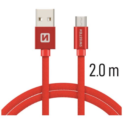 SWISSTEN kabel USB/microUSB, platneni, 3A, 2m, crveni slika 1