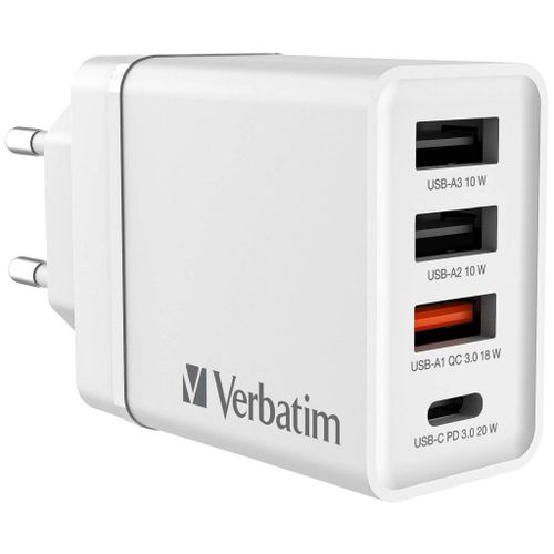 Punjač zidni Verbatim #49701 1xUSB-C/PD 20W/1xUSB-A QC 3.0/2xUSB-A 10W, EU, bijeli slika 1