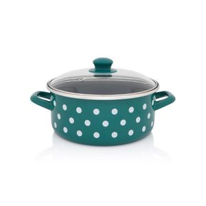 Metalac šerpa plitka sa staklenim poklopcem GREEN DOTS 18 cm / 2.2 l zelena sa bijelim tufnama 