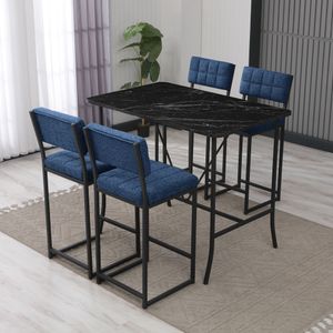 Retro Bar Stalak i Stolice Set (5 Komada) - Plava i Crna
