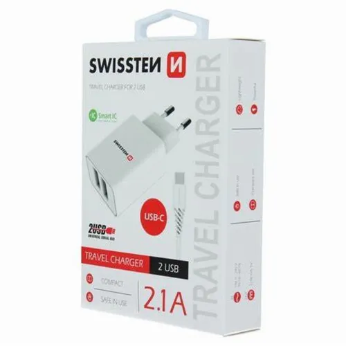 Swissten punjač 2x USB 2,1A+ kabl Type C 1,2m bela slika 5