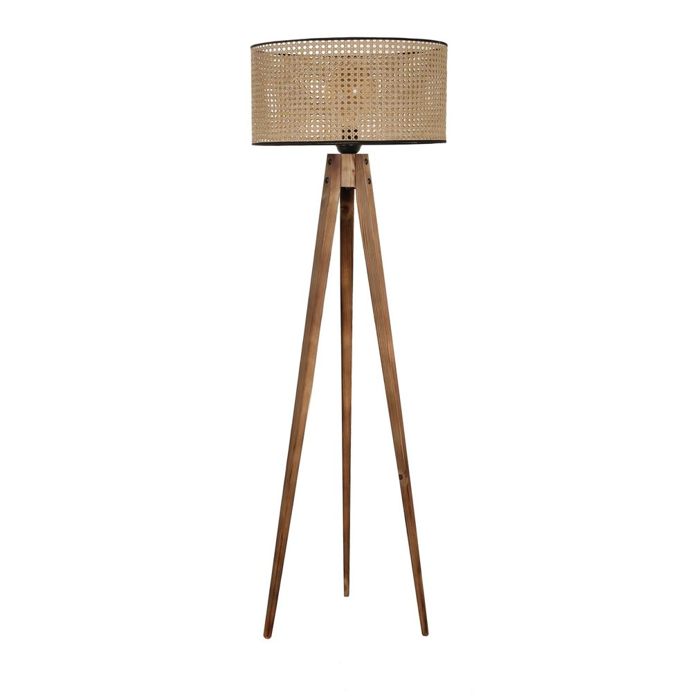 Tripod Lambader Yanık Silindir Rattan Abajurlu Brown Floor Lamp slika 2