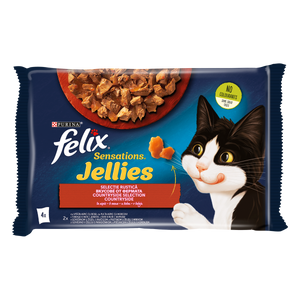 FELIX Sensations Jellies, za odrasle mačke, mokra hrana s govedinom i paradajzom u želeu, sa piletinom i mrkvom u želeu 4x85g