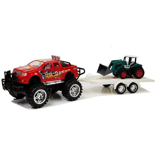 Set vozila Monster Truck s bagerom na prikolici, crveno-zeleni slika 2