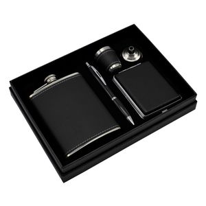 Poklon set ploska 240 ml, hemijska olovka, tabaklera, čašićca i lijevak u crnoj kutiji, model: 913-1356