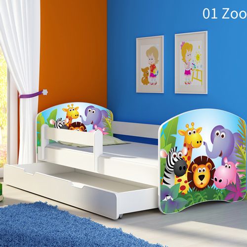 ACMA Drveni dječji krevet s bočnom stranicom i ladicom – bijeli 140×70 slika 1