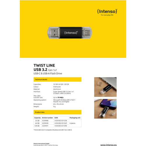 Intenso USB Flash drive 32GB, USB 3.2, USB-C, USB-A, Twist Line - USB3.2-32GB/Twist Line slika 2