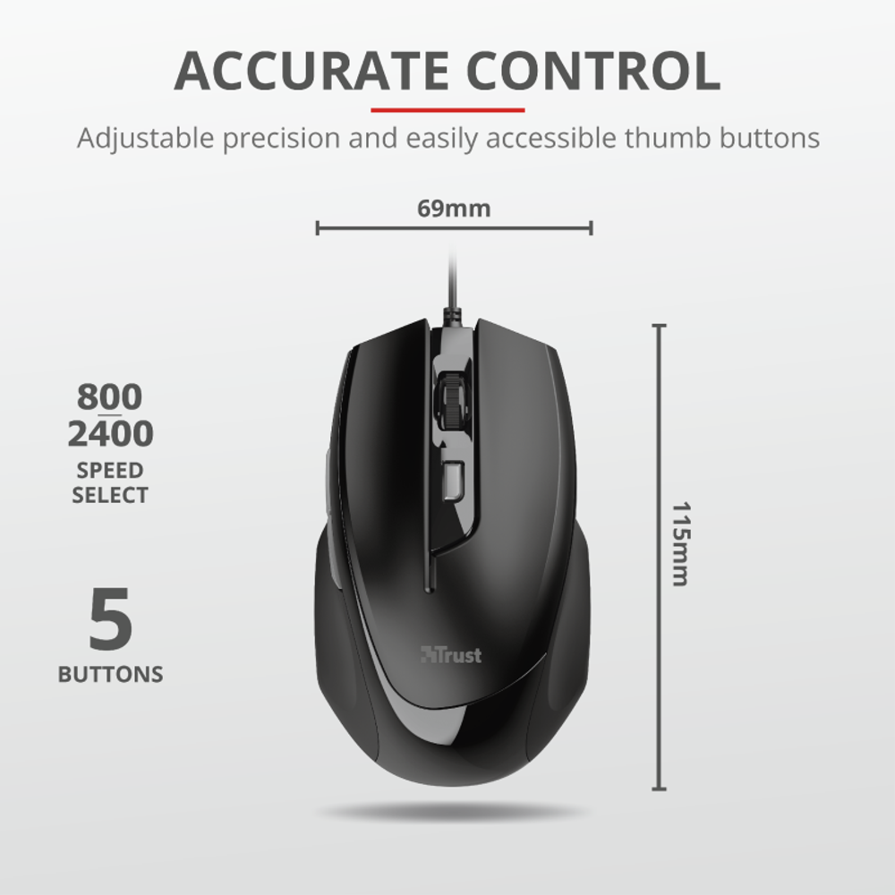 Trust Voca Comfortable Miš žičani, easy-to-use, crni,800-2400 DPI, optički, 6 tipki, usb 2.0 slika 1