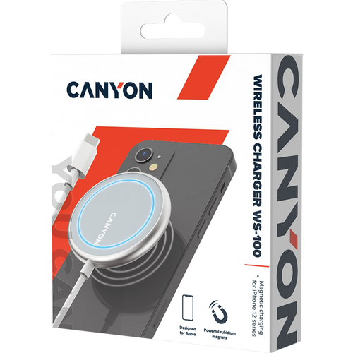 CANYON WS-100 Wireless charger, Input 9V/2A, 9V/2.7A, 12V/2A, Output 15W/10W/7.5W/5W, Type c cable length 1.5m, Acrylic surface+Aluminium alloy edge, 59*59*7mm, 0.06Kg, Silver slika 5