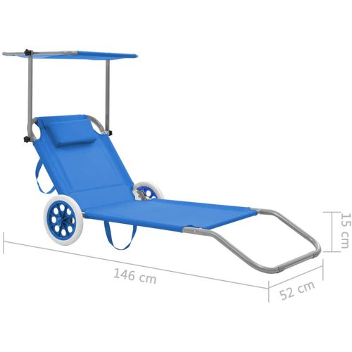 Sklopiva ležaljka za sunčanje s krovom i kotačima čelična plava slika 8