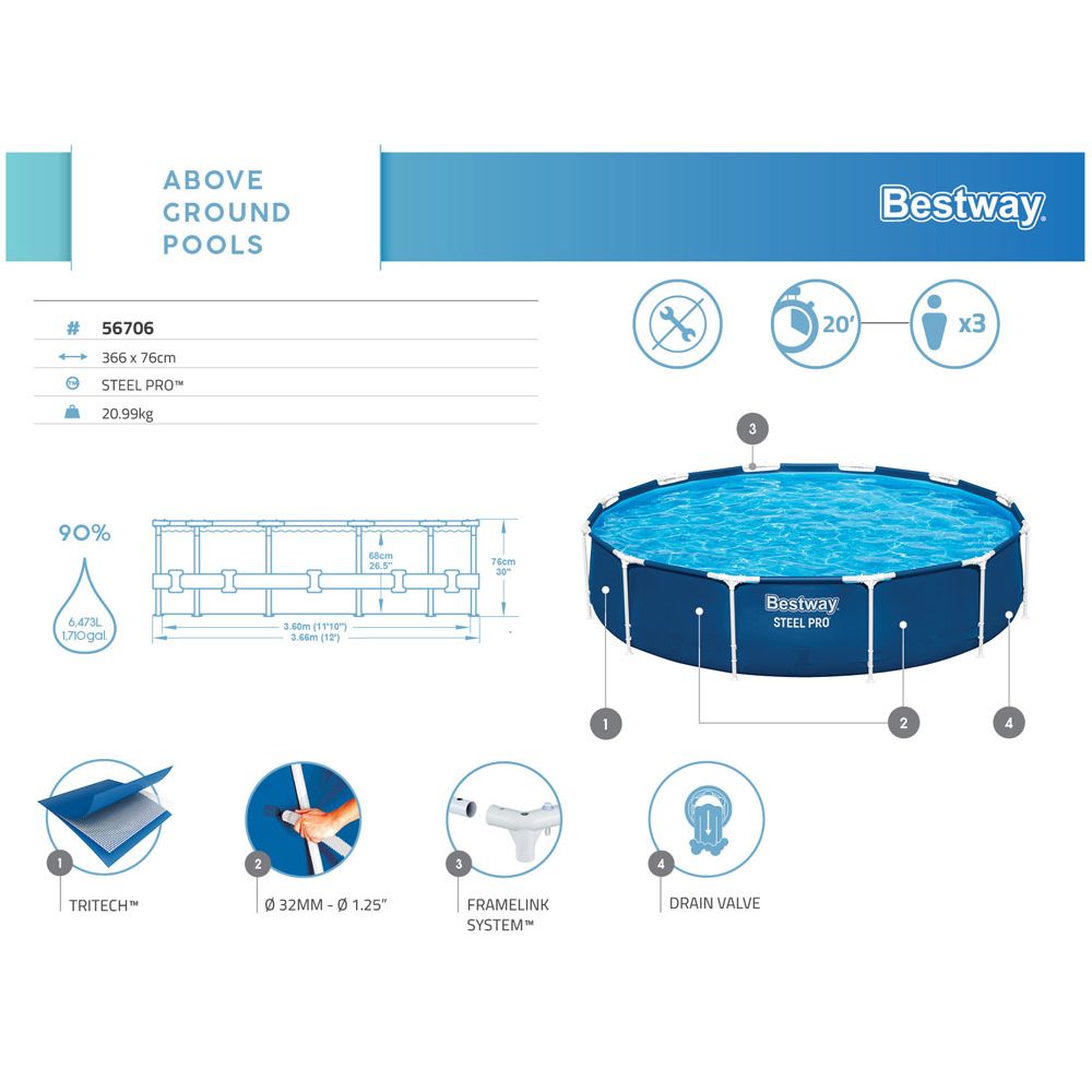 Bestway stalkasti bazen 366x76 cm 6,473L 56706 slika 4