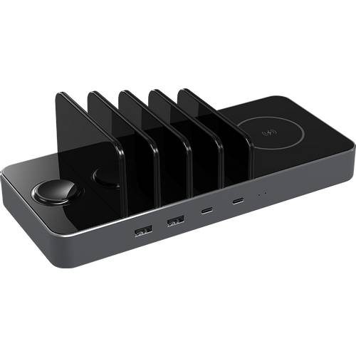 Prestigio ReVolt A6, 6-in-1 charger; 2 wireless interfaces: for all gadgets that support Qi wireless charging standard 5W/7.5W/10W and for Apple Watch 2.5W, 2*Type-C 18W(PD); 2*USB: 18W(QC3.0), black+space grey color. slika 1