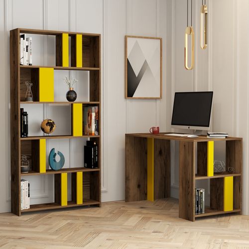 Woody Fashion Studijski stol i policu za knjige, Lima - Walnut, Yellow slika 1