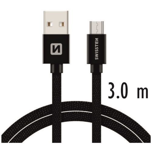 SWISSTEN kabel USB/microUSB, platneni, 3A, 3m, crni slika 1