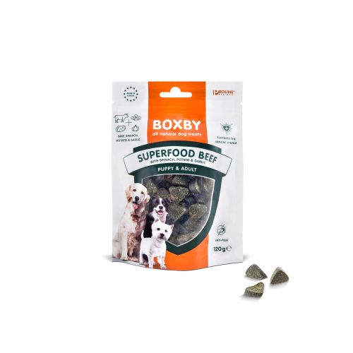 Boxby Poslastica za pse Puppy Adult Super Food Govedina, Špinat i Češnjak, 120 g slika 1