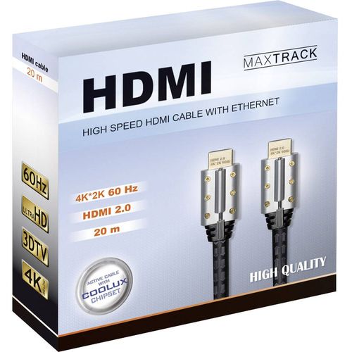 Maxtrack HDMI priključni kabel HDMI A utikač, HDMI A utikač 20.00 m crna C 505-20 L podržava HDMI, sa zaštitom, audio povratni kanal (arc), Ultra HD (4K) HDMI s eternetom, mogućnost vijčanog spajanja, pozlaćeni kontakti HDMI kabel slika 2