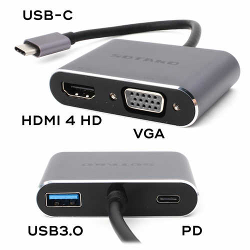Adapter Type C na HDMI VGA PD USB3.0 SOTAKO ST-C0401 4 u 1 sivi slika 3