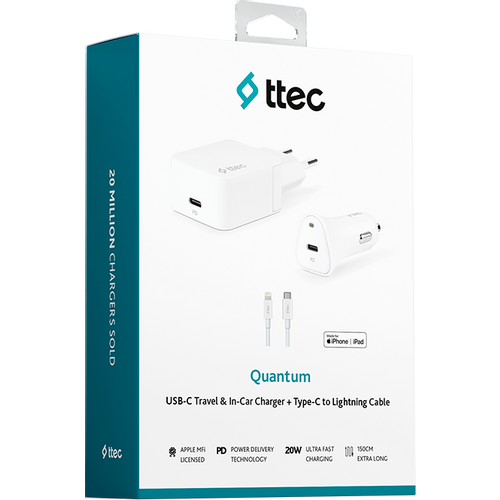 Ttec Quantum PD 20W Wall Charger+ 20W Car Charger + Type-C/Lightning Cable, Mfi Apple Licence slika 2