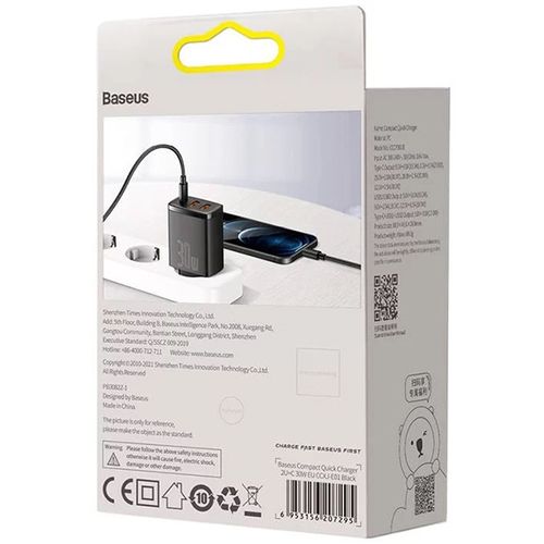 Punjač za mobitel Baseus Compact Quick Charger 2xUSB+USB-C 30W EU, zidni, crni slika 5
