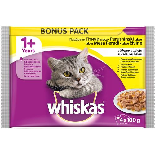 WHISKAS Multipack vrećica za mačke Meso peradi u želeu, potpuna hrana s piletinom, s pačetinom, s puretinom, s mesom peradi, 4x100 g slika 1