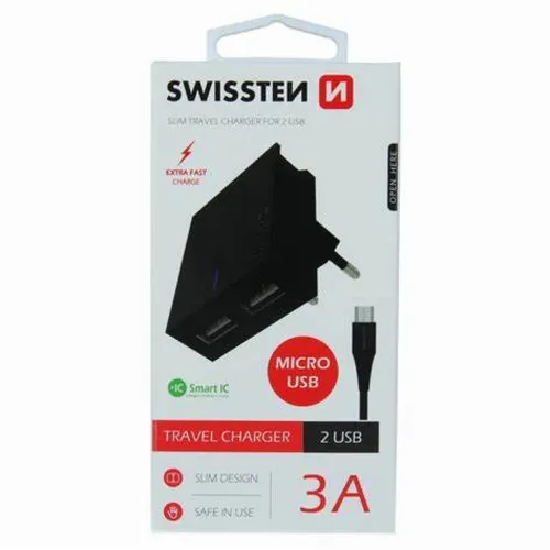 Swissten punjač 2x USB 3A+ kabl micro USB 1,2m crna slika 3