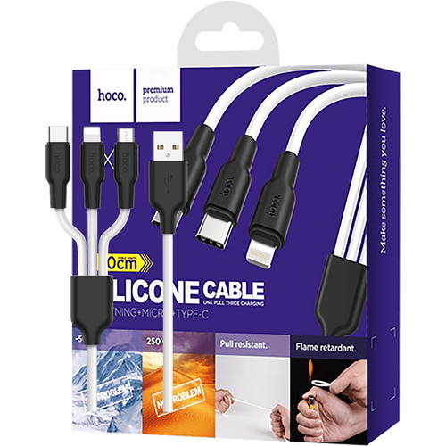 hoco. USB kabl, 3in1, microUSB, type C, Lightning, 1.2 met., 2 A - X21 Silicone 3in1, Black/White slika 1