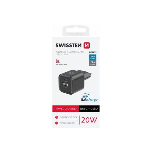 SWISSTEN punjač za AC220, GaN, 20W, 1xUSB-C, 1xUSB-A, 3A, crni slika 1