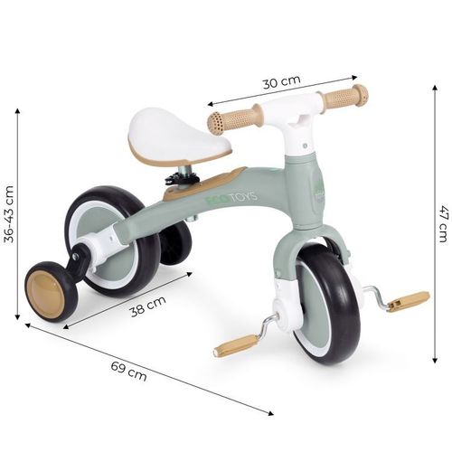 ECOTOYS Balans Bicikl sa Pedalama i Pomoćnim Točkovima 3u1 - Green slika 6